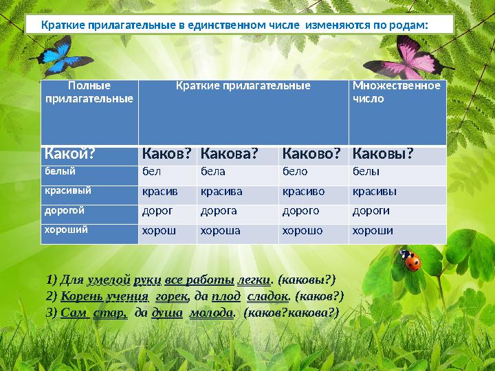 Краткие прилагательные в единственном числе изменяются по родам: Полные прилагательные Краткие прилагательные Множестве