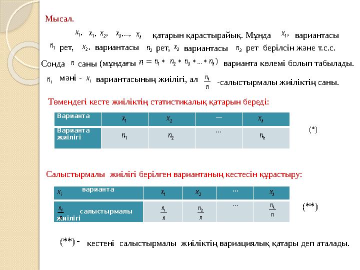 Мысал. ,1x ,2x kx ,...,3x қатарын қарастырайық. Мұнда ,1x вариантасы рет, ,2x вариантасы 1n 2n рет, 3x вариантасы 3n рет бер