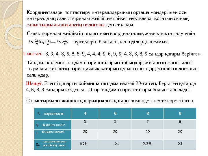 Координаталары топтастыру интервалдарының орташа мәндері мен осы интервалдың салыстырмалы жиілігіне сәйкес нүктелерді қосатын с