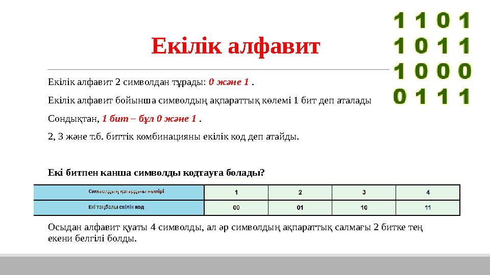 Екілік алфавит Екілік алфавит 2 символдан тұрады: 0 және 1 . Екілік алфавит бойынша символдың ақпараттық көлемі 1 бит деп