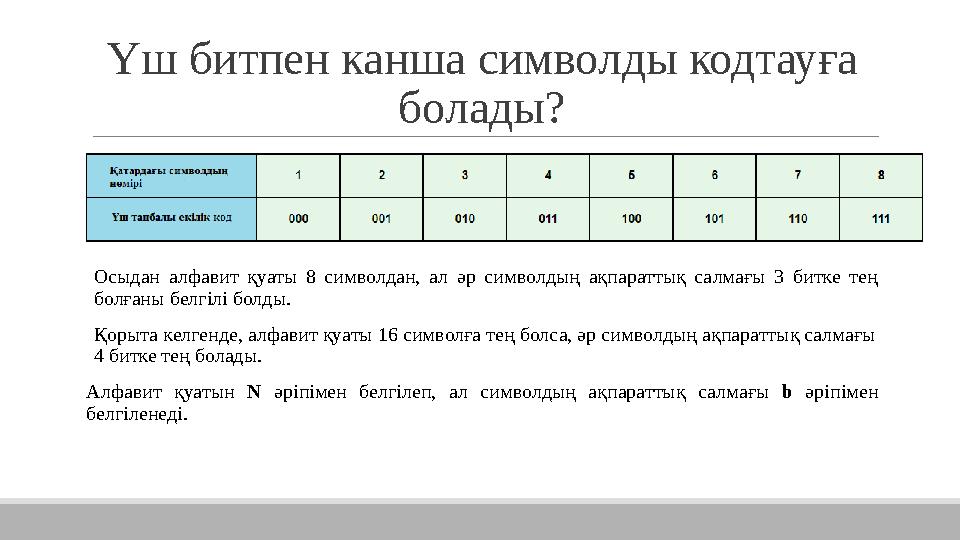 Үш битпен канша символды кодтауға болады? Осыдан алфавит қуаты 8 символдан, ал әр символдың ақпараттық салмағы 3 б