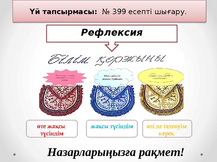 Назарларыңызға рақмет! Рефлексия өте жақсы түсіндім жақсы түсіндім әлі де ізденуім керек Үй тапсырмасы: № 399 есепті шығар