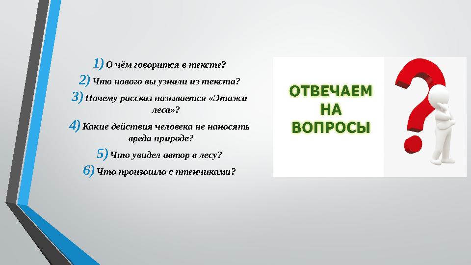 1) О чём говорится в тексте? 2) Что нового вы узнали из текста ? 3) Почему рассказ называется «Этажи леса» ? 4) Какие действия