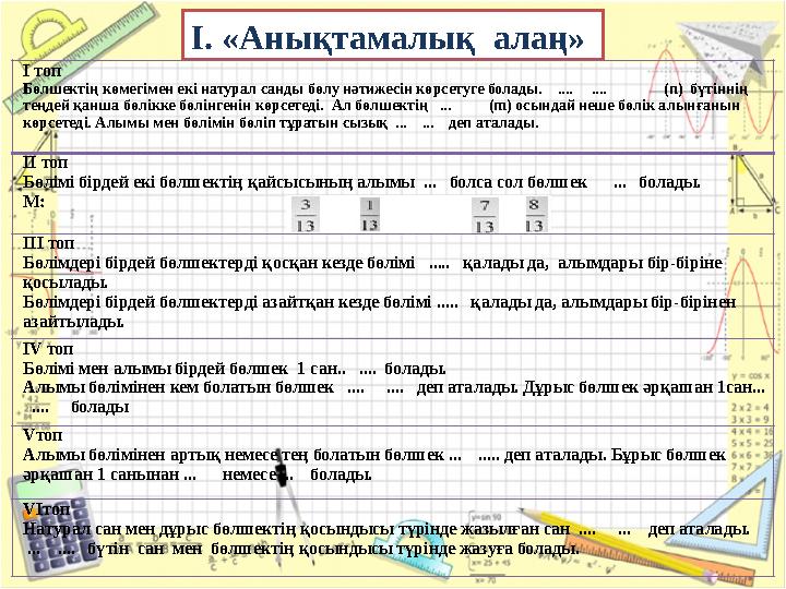І. «Анықтамалық алаң» І топ Бөлшектің көмегімен екі натурал санды бөлу нәтижесін көрсетуге болады. .... ....