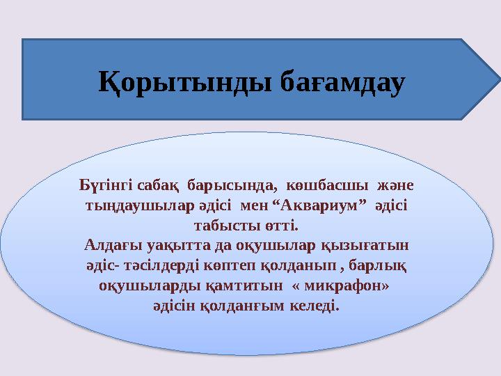 Қорытынды бағамдау Бүгінгі сабақ барысында, көшбасшы және тыңдаушылар әдісі мен “Аквариум” әдісі табысты өтті. Алдағы уақ
