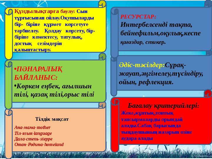 Құндылықтарға баулу: Сын тұрғысынан ойлау.Оқушыларды бір- біріне құрмет көрсетуге тәрбиелеу. Қолдау көрсету, б