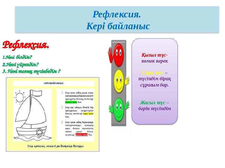 Рефлексия. Кері байланыс Рефлексия. 1.Нені білдім? 2.Нені үйрендім? 3. Нені толық түсінбедім ? Қызыл түс- көмек ке