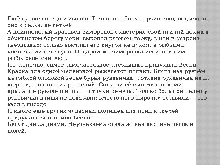 Ещё лучше гнездо у иволги. Точно плетёная корзиночка, подвешено оно в развилке ветвей. А длинноносый красавец зимородок смастер