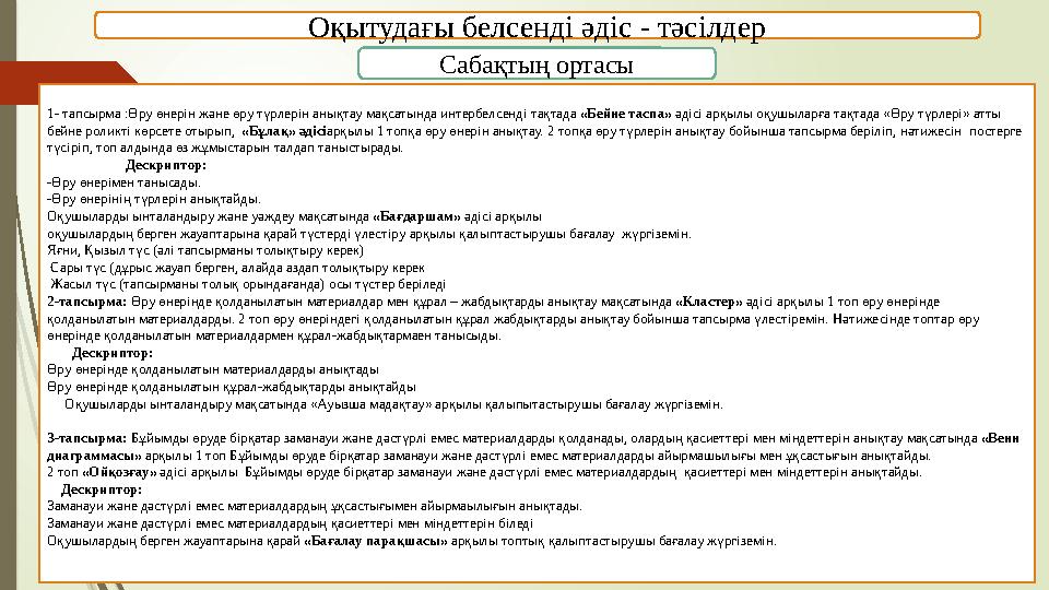 Оқытудағы белсенді әдіс - тәсілдер Сабақтың ортасы 1- тапсырма :Өру өнерін және өру түрлерін анықтау мақсатында интербелсенді та