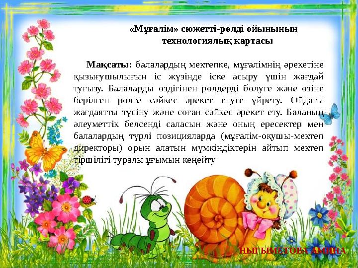 «Мұғалім» сюжетті-рөлді ойынының технологиялық картасы Мақсаты: балалардың ме