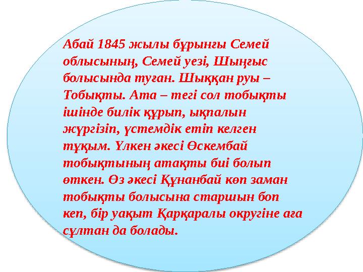 Абай 1845 жылы бұрынғы Семей облысының, Семей уезі, Шыңғыс болысында туған. Шыққан руы – Тобықты. Ата – тегі сол тобықты іші