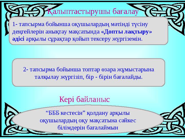 Қалыптастырушы бағалау 1- тапсырма бойынша оқушылардың мәтінді түсіну деңгейлерін анықтау мақсатында «Допты лақтыру» әді