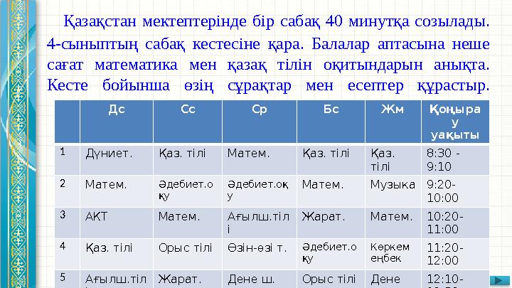 Қазақстан мектептерінде бір сабақ 40 минутқа созылады. 4-сыныптың сабақ кестесіне қара. Балалар аптасына неше