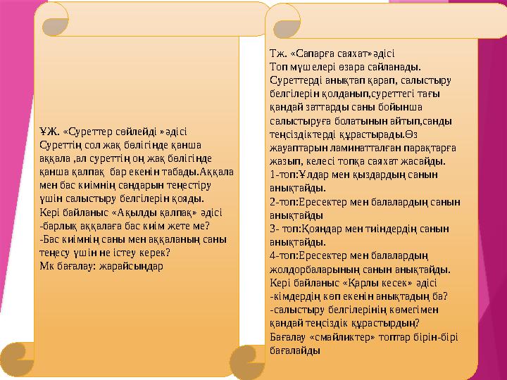 ҰЖ. «Суреттер сөйлейді »әдісі Суреттің сол жақ бөлігінде қанша аққала ,ал суреттің оң жақ бөлігінде қанша қалпақ бар екенін