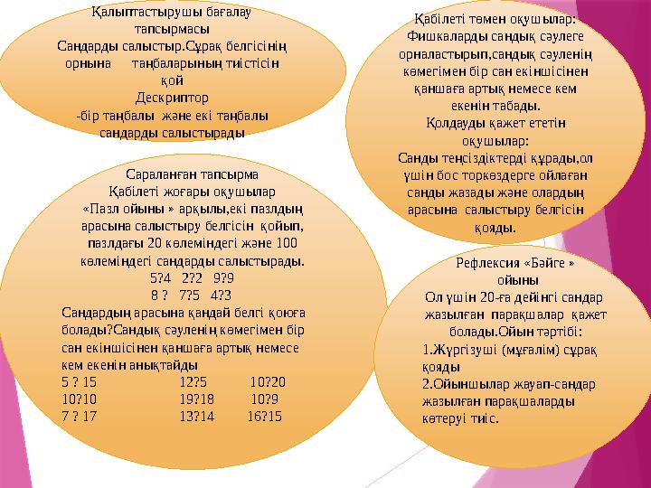 Қалыптастырушы бағалау тапсырмасы Сандарды салыстыр.Сұрақ белгісінің орнына таңбаларының тиістісін қой Дескриптор