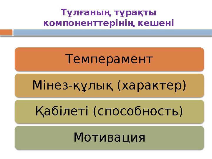 Тұлғаның тұрақты компоненттерінің кешені Темперамент Мінез-құлық (характер) Қабілеті (способность) Мотивация