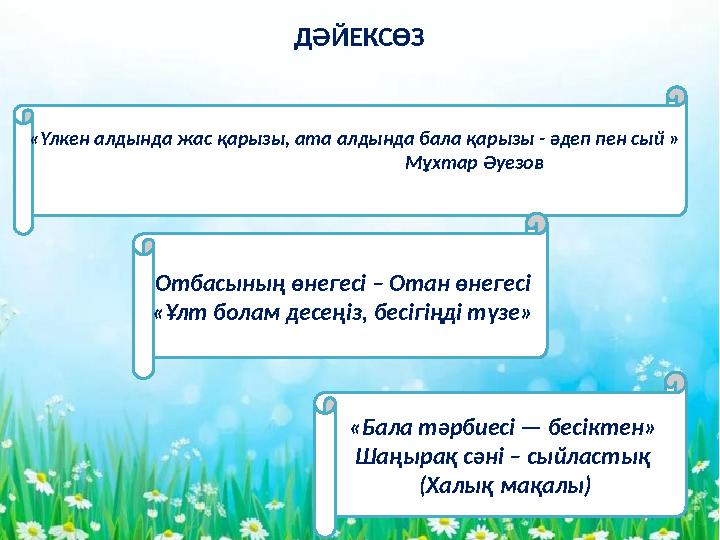 - ДӘЙЕКСӨЗ «Үлкен алдында жас қарызы, ата алдында бала қарызы - әдеп пен сый »