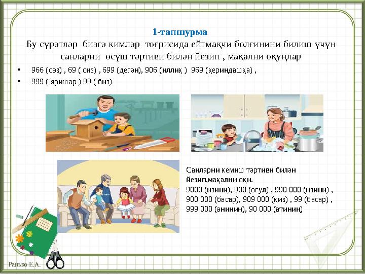 1-тапшурма Бу сүрәтләр бизгә кимләр тоғрисида ейтмақчи болғинини билиш үчүн санларни өсүш тәртиви билән йезип , мақални оқу