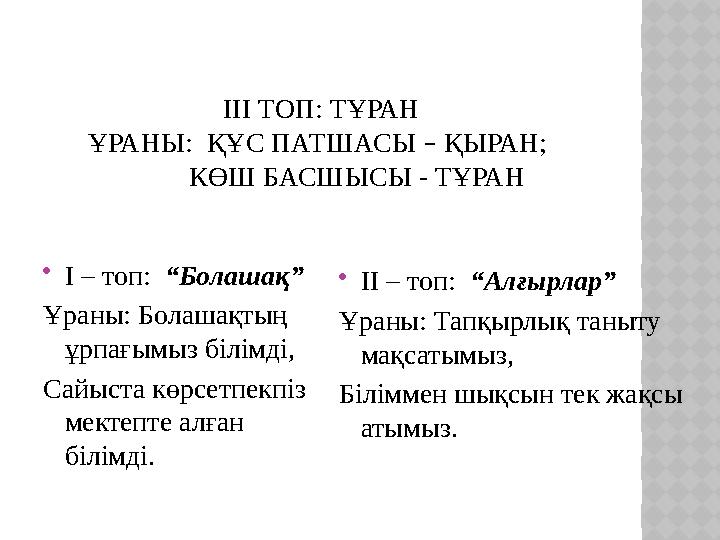 ІІІ ТОП: ТҰРАН ҰРАНЫ: ҚҰС ПАТШАСЫ – ҚЫРАН; КӨШ БАСШЫСЫ - ТҰРАН  І – топ: “Болашақ” Ұраны: Болашақтың ұрпағымыз білімді,
