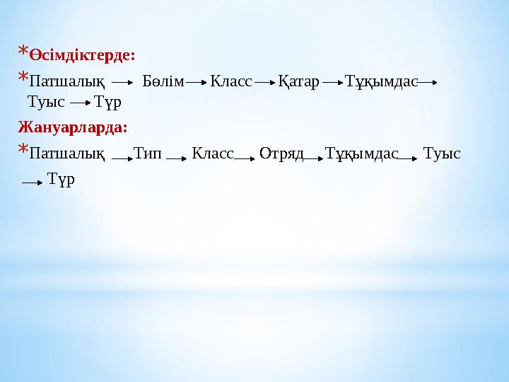 * Өсімдіктерде: * Патшалық Бөлім Класс Қатар Тұқымдас Туыс Түр Жануарларда: * Патшалық