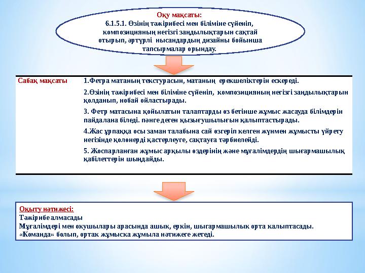 Сабақ мақсаты 1.Фетра матаның текстурасын, матаның ерекшеліктерін ескереді. 2.Өзінің тәжірибесі мен біліміне сүйеніп, композиц