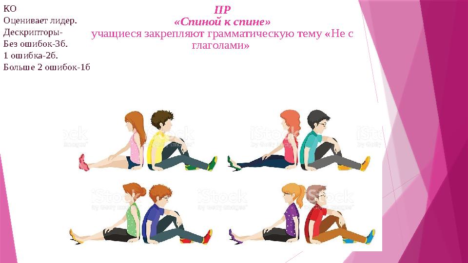 ПР «Спиной к спине» учащиеся закрепляют грамматическую тему «Не с глаголами» КО Оценивает лидер. Дескрипторы- Без ошибок-3б. 1