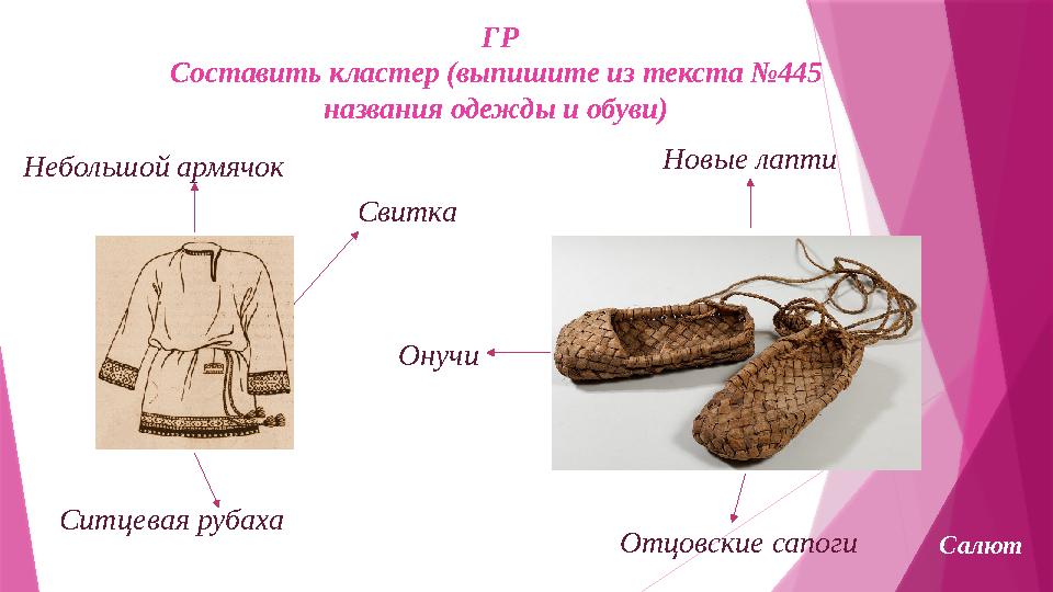 ГР Составить кластер (выпишите из текста №445 названия одежды и обуви) Ситцевая рубахаНебольшой армячок Свитка Новые лапти От
