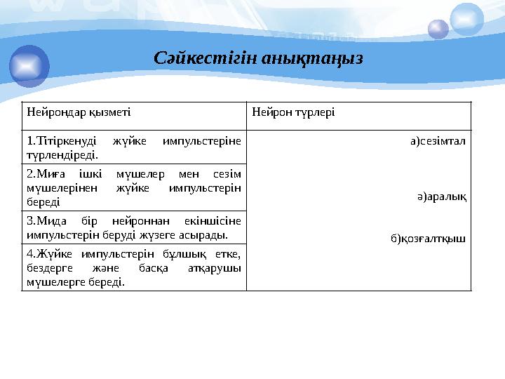 Сәйкестігін анықтаңыз Нейрондар қызметі Нейрон түрлері 1.Тітіркенуді жүйке импульстеріне түрлендіреді. а)сезімтал ә)аралық б)
