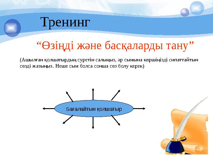 (Ашылған қолшатырдың суретін салыңыз, әр сымына көршіңізді сипаттайтын сөзді жазыңыз. Неше сым болса сонша сөз болу керек) Трен