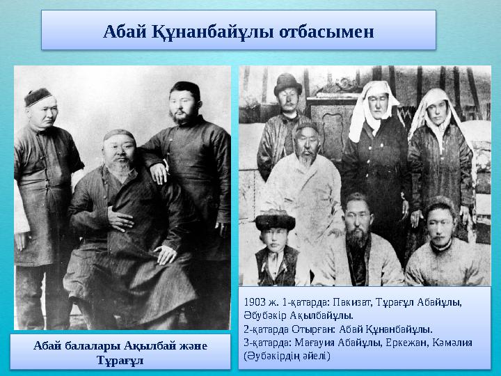Абай балалары Ақылбай және Тұрағұл Абай Құнанбайұлы отбасымен 1903 ж. 1-қатарда: Пакизат, Тұрағұл Абайұлы, Әбубәкір Ақылбайұлы