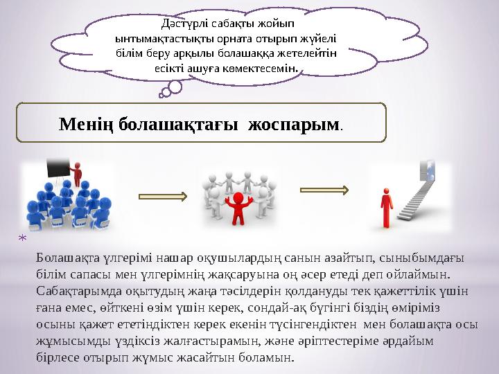 * Болашақта үлгерімі нашар оқушылардың санын азайтып, сыныбымдағы білім сапасы мен үлгерімнің жақсаруына оң әсер етеді деп