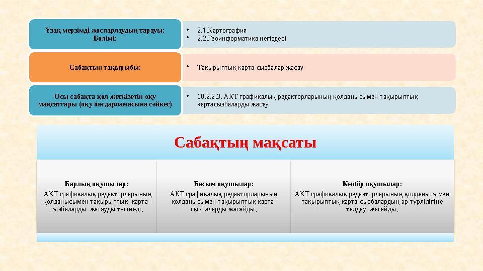 • 2.1.Картография • 2.2 . Геоинформатика негіздеріҰзақ мерзімді жоспарлаудың тарауы: Бөлімі: