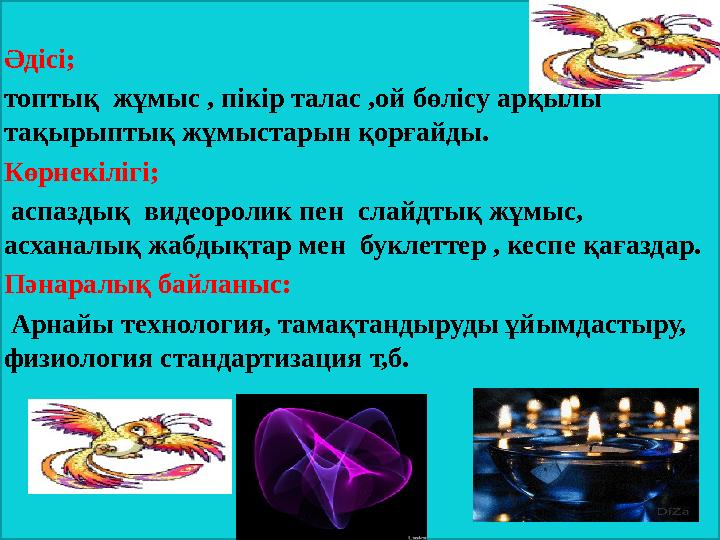 Әдісі; топтық жұмыс , пікір талас ,ой бөлісу арқылы тақырыптық жұмыстарын қорғайды. Көрнекілігі; аспаздық видеоролик пен