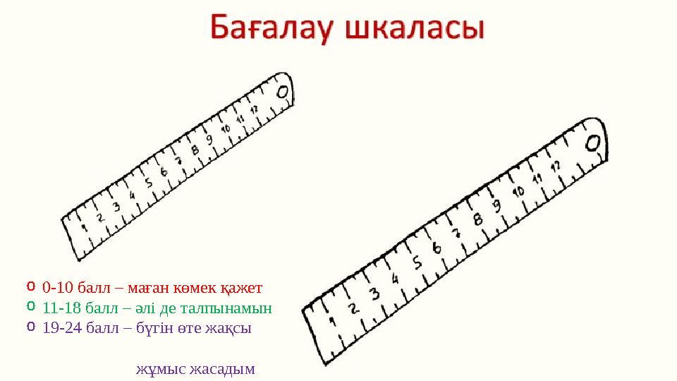 o 0-10 балл – маған көмек қажет o 11-18 балл – әлі де талпынамын o 19-24 балл – бүгін өте жақсы