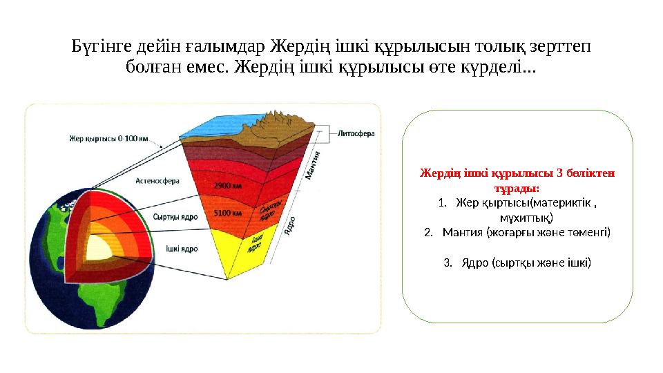 Бүгінге дейін ғалымдар Жердің ішкі құрылысын толық зерттеп болған емес. Жердің ішкі құрылысы өте күрделі... Жердің ішкі құрылыс