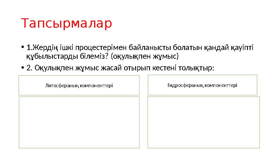 Тапсырмалар • 1.Жердің ішкі процестерімен байланысты болатын қандай қауіпті құбылыстарды білеміз? (о қулықпен жұмыс ) • 2. Оқу
