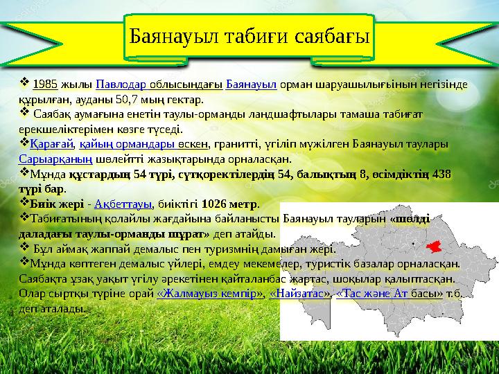  1985 жылы Павлодар облысындағы Баянауыл орман шаруашылығьінын негізінде құрылған, ауданы 50,7 мың гектар.  Саябақ