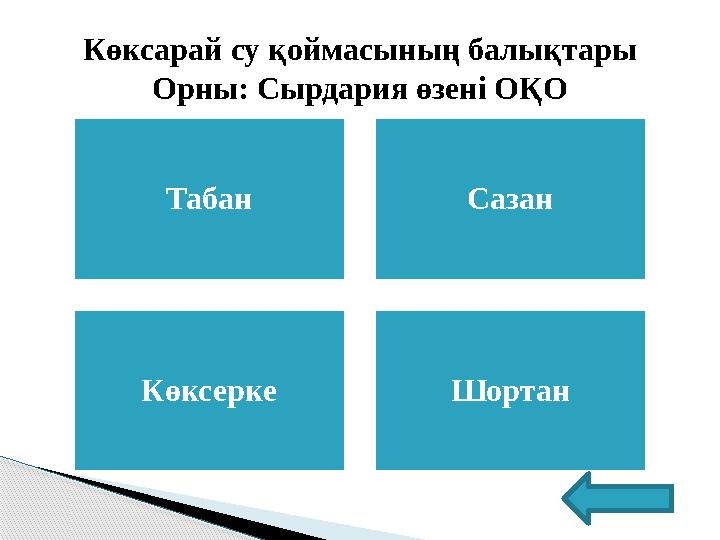 Табан Сазан Көксерке ШортанКөксарай су қоймасының балықтары Орны: Сырдария өзені ОҚО