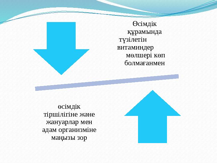 Өсімдік құрамында түзілетін витаминдер мөлшері көп болмағанмен өсімдік тіршілігіне және жануарла