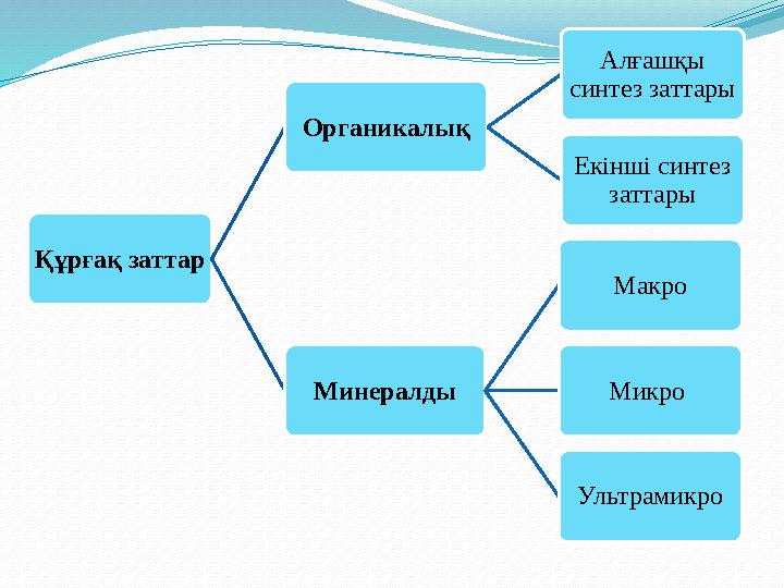 Құрғақ заттар Органикалық Алғашқы синтез заттары Екінші синтез заттары Минералды Макро Микро Ультрамикро