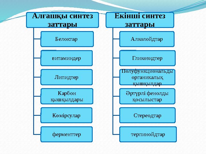 Алғашқы синтез заттары Белоктар витаминдер Липидтер Карбон қышқылдары Көмірсулар ферменттер Екінші синтез заттары Алколойдта