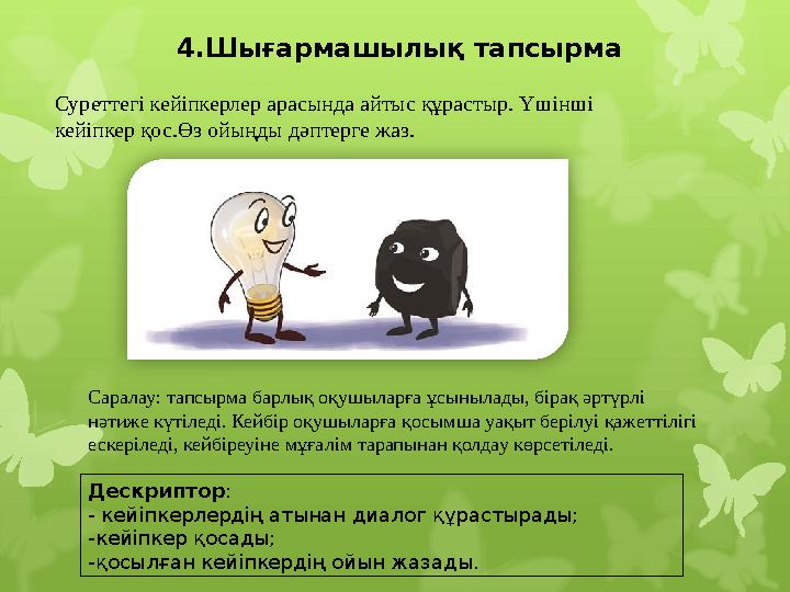 4.Шығармашылық тапсырма Суреттегі кейіпкерлер арасында айтыс құрастыр. Үшінші кейіпкер қос.Өз ойыңды дәптерге жаз. Дескриптор :