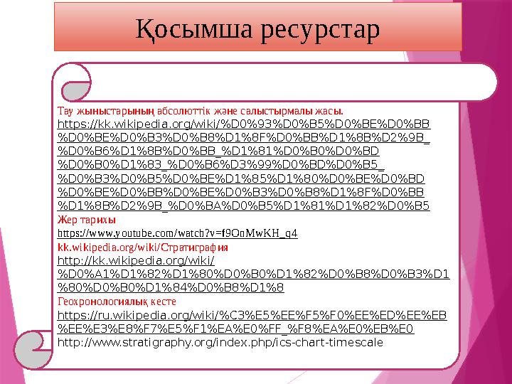 Қосымша ресурстар Тау жыныстарының абсолюттік және салыстырмалы жасы. https://kk.wikipedia.org/wiki/%D0%93%D0%B5%D0%BE%D0%BB %D0
