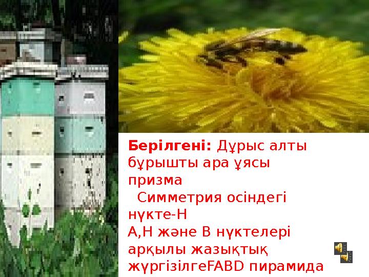 Берілгені: Дұрыс алты бұрышты ара ұясы призма Симметрия осіндегі нүкте-H A,H және B нүктелері арқылы жазықтық жүргізіл