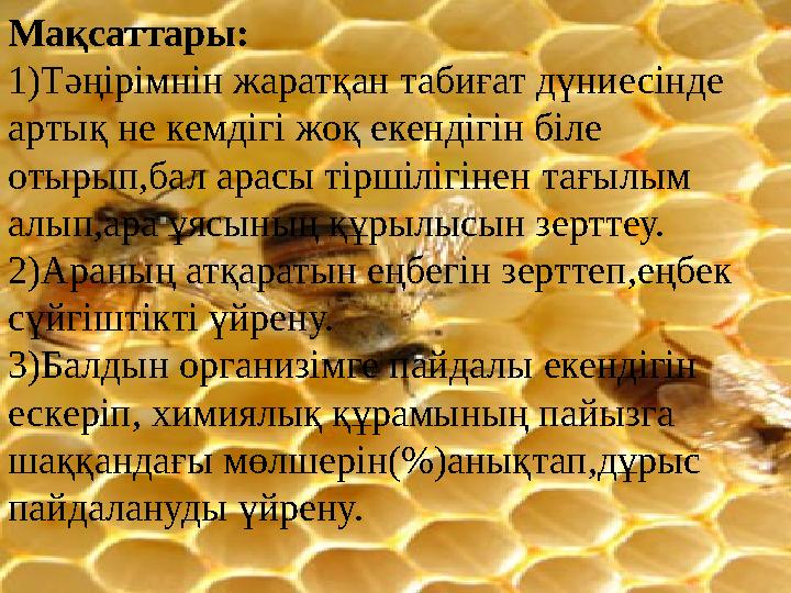 Мақсаттары: 1)Тәңірімнін жаратқан табиғат дүниесінде артық не кемдігі жоқ екендігін біле отырып,бал арасы тіршілігінен тағы