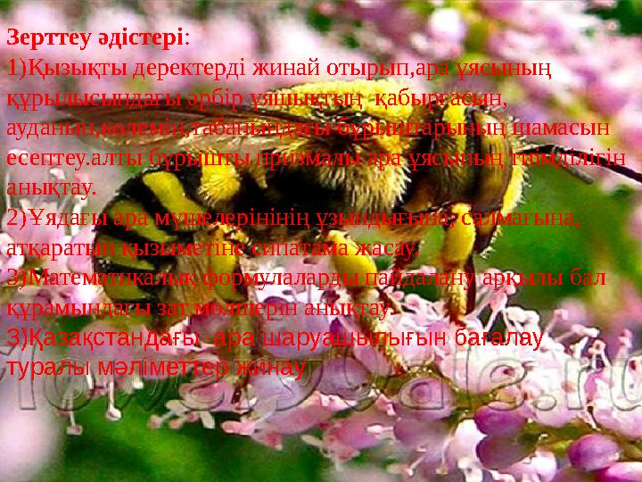 Зерттеу әдістері : 1)Қызықты деректерді жинай отырып,ара ұясының құрылысындағы әрбір ұяшықтың қабырғасын, ауданын,көлемін,таб