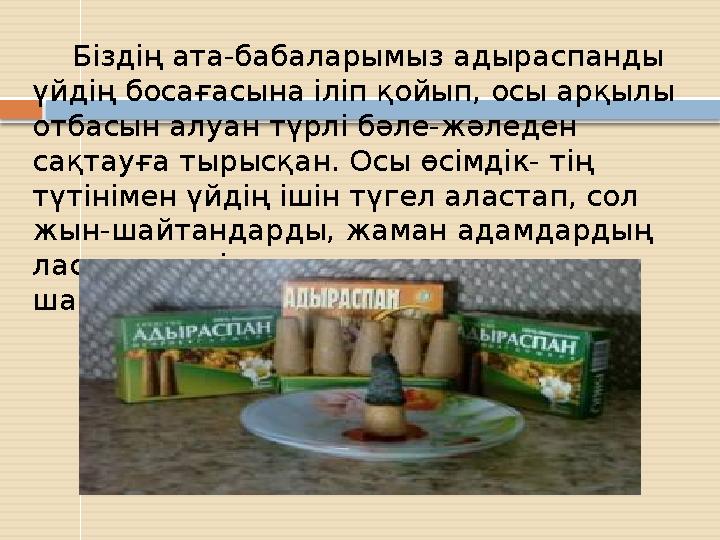 Біздің ата-бабаларымыз адыраспанды үйдің босағасына іліп қойып, осы арқылы отбасын алуан түрлі бәле-жәледен сақтауға