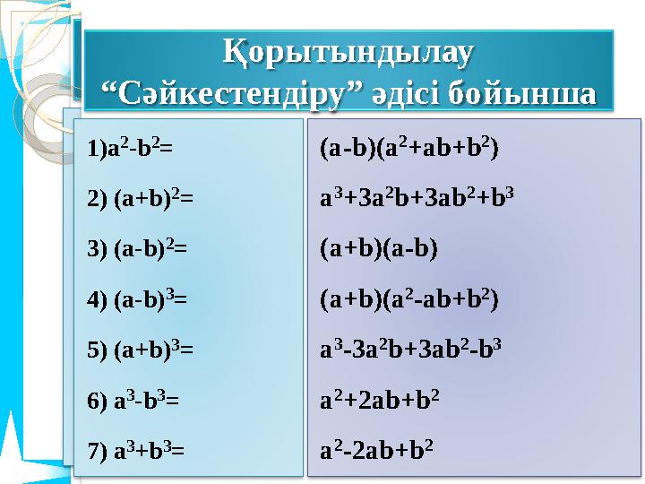 Қорытындылау “Сәйкестендіру” әдісі бойынша 1)а 2-b 2= 2) ( a+b )2= 3) (a -b) 2= 4) (a -b) 3= 5) ( a+b )3= 6) a 3-b 3= 7