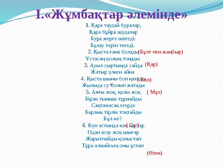 I. «Жұмбақтар әлемінде » 1. Қара таудай буралар, Қара бұйра шудалар Бура жерге шөгеді: Бұлау терін төгеді. 2. Қыста ғана бо