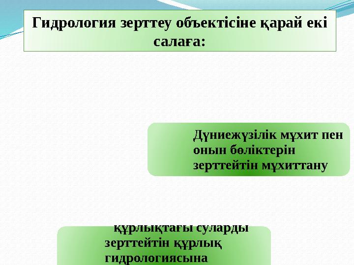 құрлықтағы суларды зерттейтін құрлық гидрологиясына жіктеледі. Дүниежүзілік мұхит пен онын бөліктерін зерттейтін мұхитт
